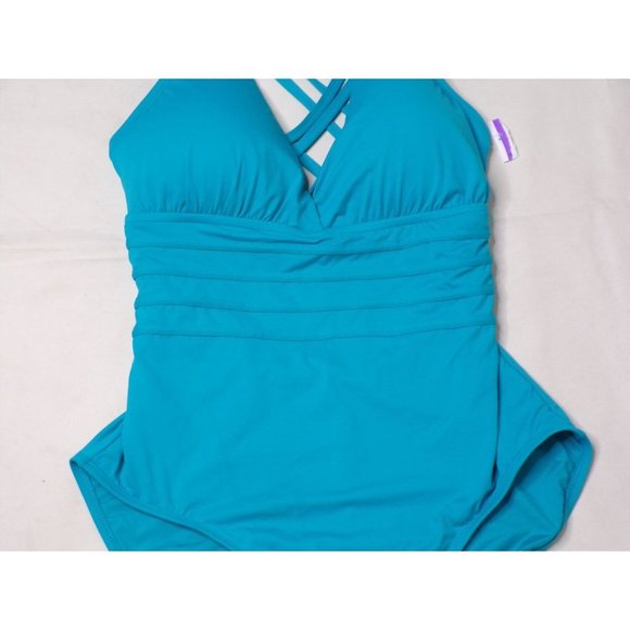 LA BLANCA Cross Back One Piece Tummy Control Swimsuit Turquoise 16 NEW - Picture 6 of 7